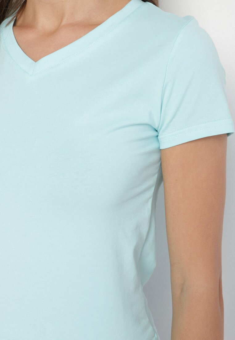 Jasnoniebieski T-shirt z Bawełny z Trójkątnym Dekoltem Semiora