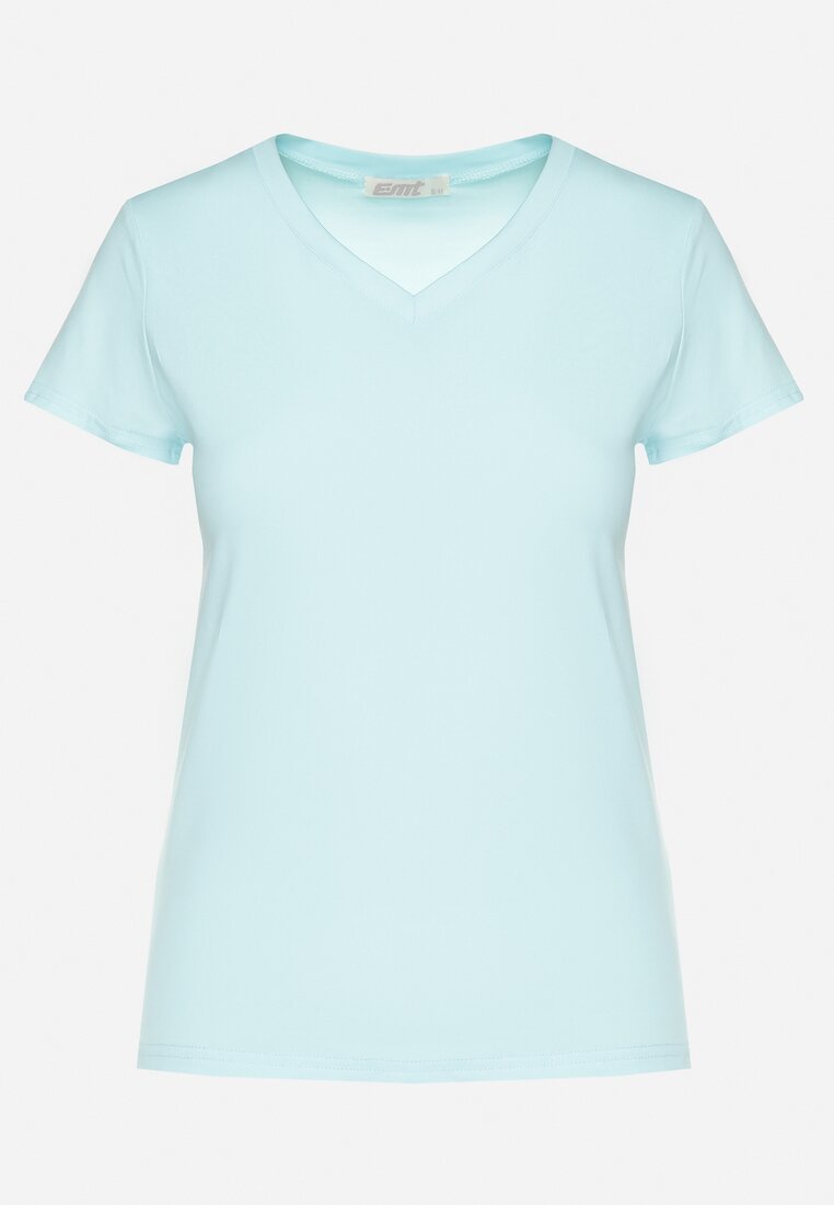 Jasnoniebieski T-shirt z Bawełny z Trójkątnym Dekoltem Semiora