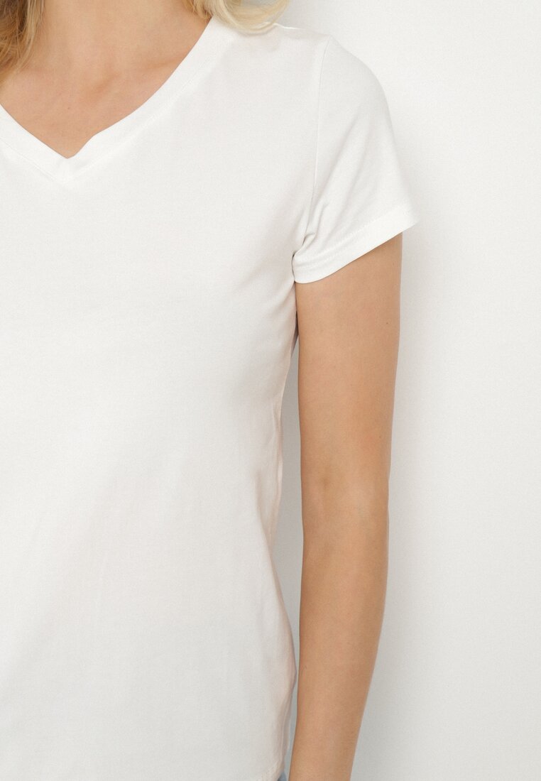 Biały T-shirt z Bawełny z Trójkątnym Dekoltem Semiora