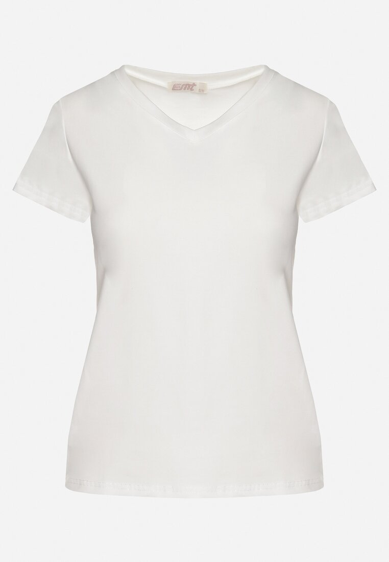 Biały T-shirt z Bawełny z Trójkątnym Dekoltem Semiora