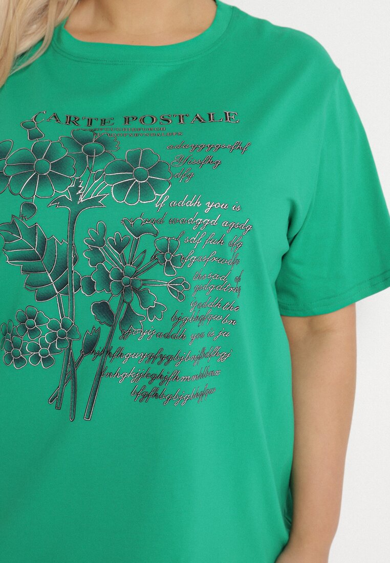 Ciemnozielony T-shirt z Bawełny z Metalicznym Nadrukiem Olianea