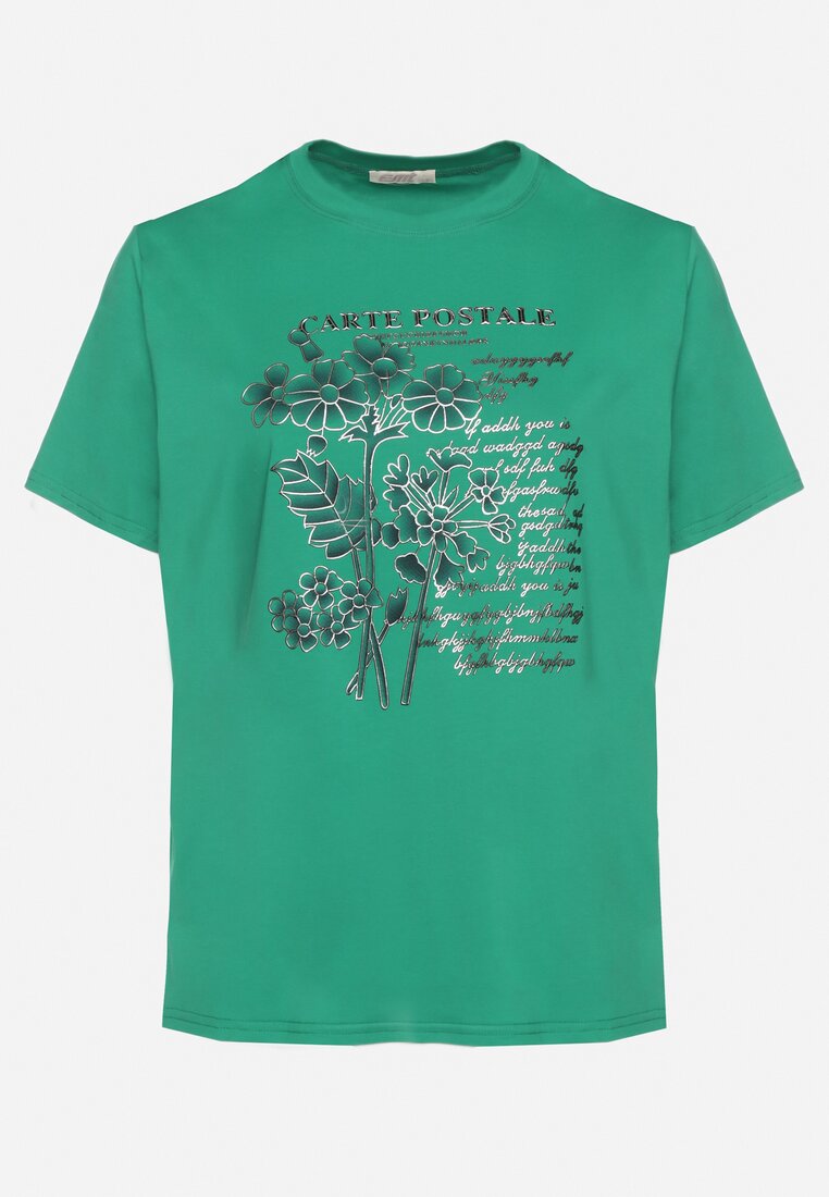 Ciemnozielony T-shirt z Bawełny z Metalicznym Nadrukiem Olianea