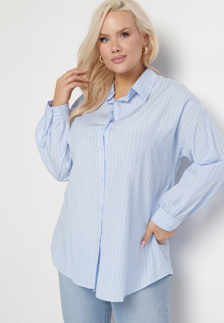 Jasnoniebieska Koszula w Drobne Paseczki o Klasycznym Kroju z Podpinanymi Rękawami Ilerra