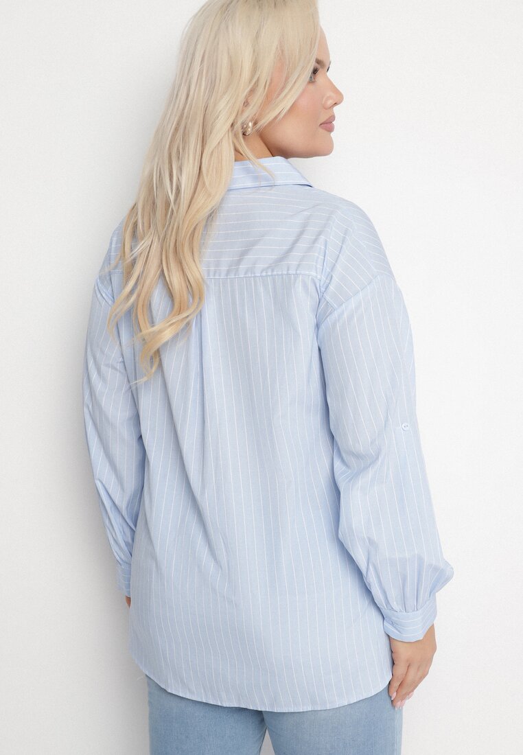Jasnoniebieska Koszula w Drobne Paseczki o Klasycznym Kroju z Podpinanymi Rękawami Ilerra