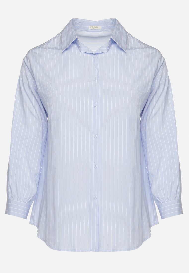 Jasnoniebieska Koszula w Drobne Paseczki o Klasycznym Kroju z Podpinanymi Rękawami Ilerra