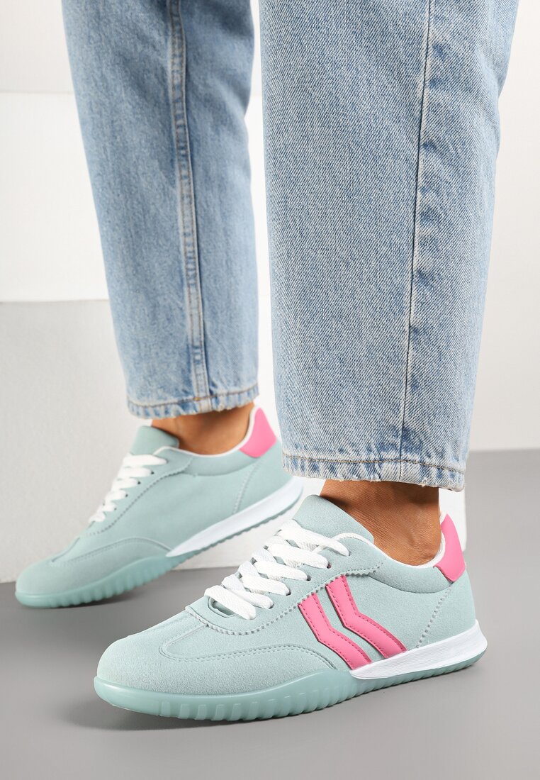 Jasnozielone Sneakersy w Typie Tenisówek z Ozdobnymi Paskami Zommea