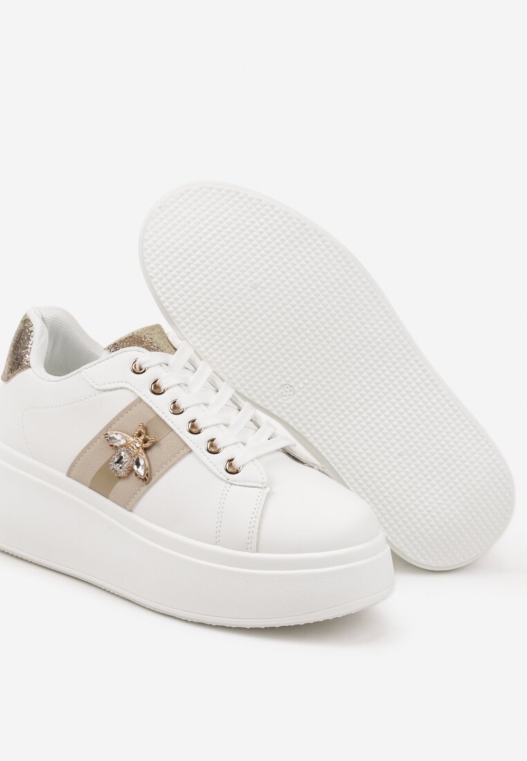 Biało-Złote Sneakersy na Platformie z Kryształowym Owadem na Cholewce Elanorila