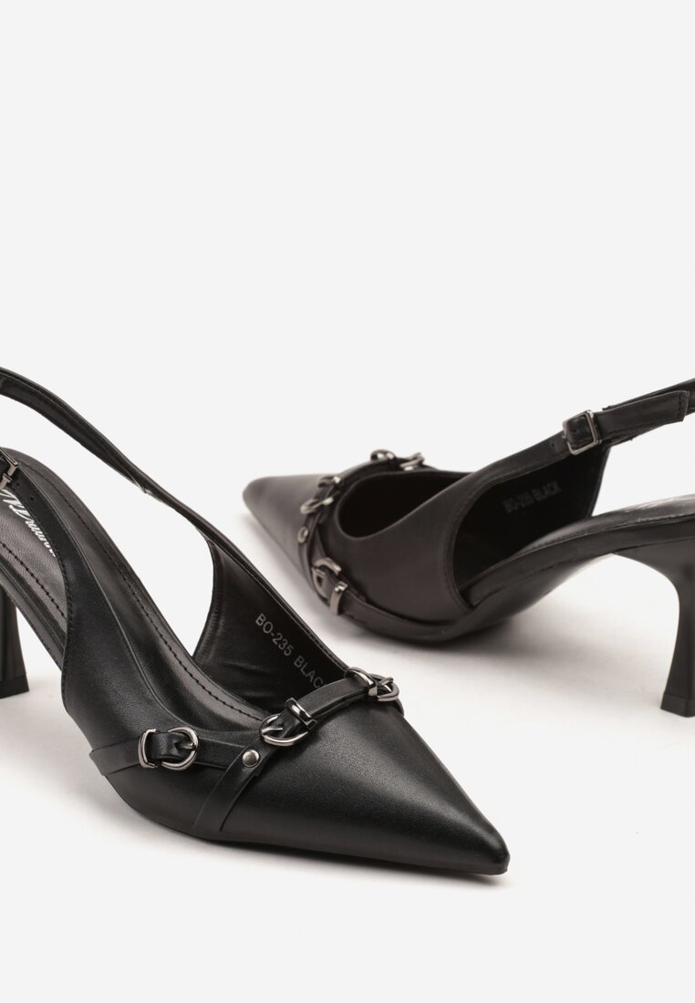 Czarne Sandały Slingback na Szpilce Zdobione Paskami z Klamrami Neliren