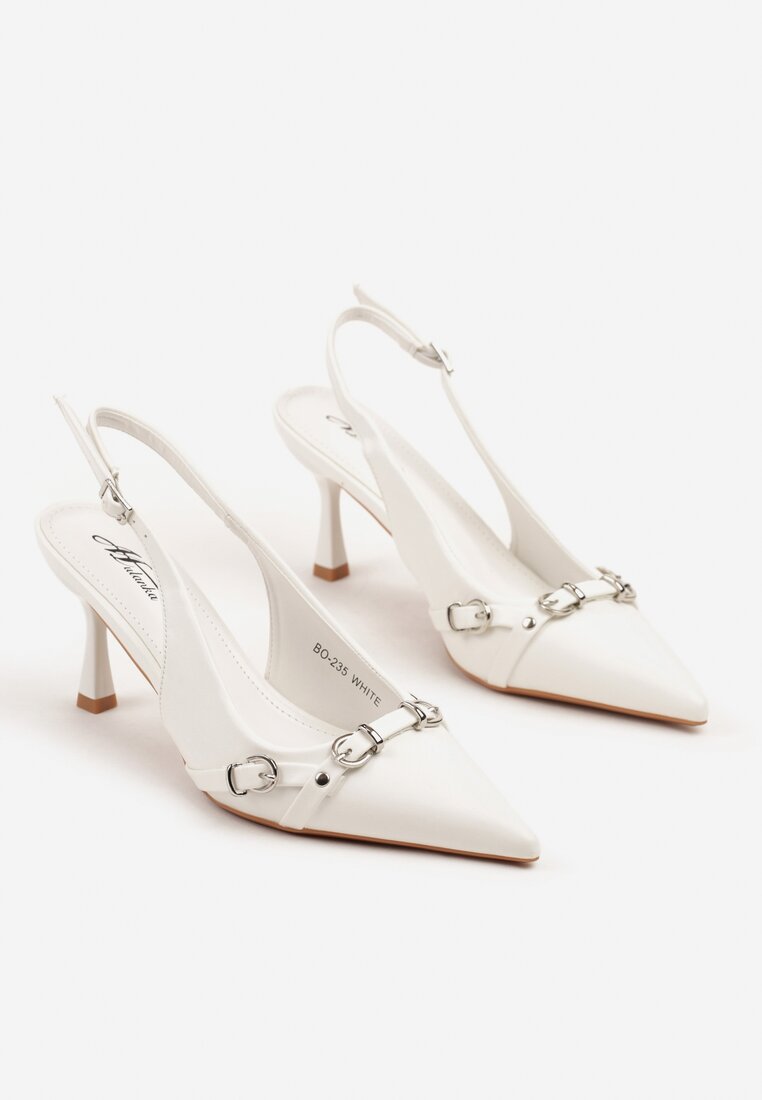 Białe Sandały Slingback na Szpilce Zdobione Paskami z Klamrami Neliren