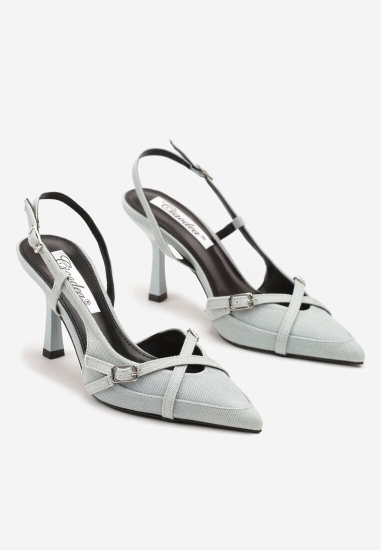 Niebieskie Sandały na Szpilce z Ozdobnym Paskiem i Klamrami Setlina