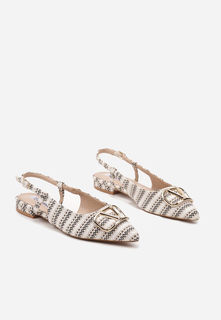 Beżowe Tweedowe Sandały Slingback z Ozdobną Klamrą Elaninea