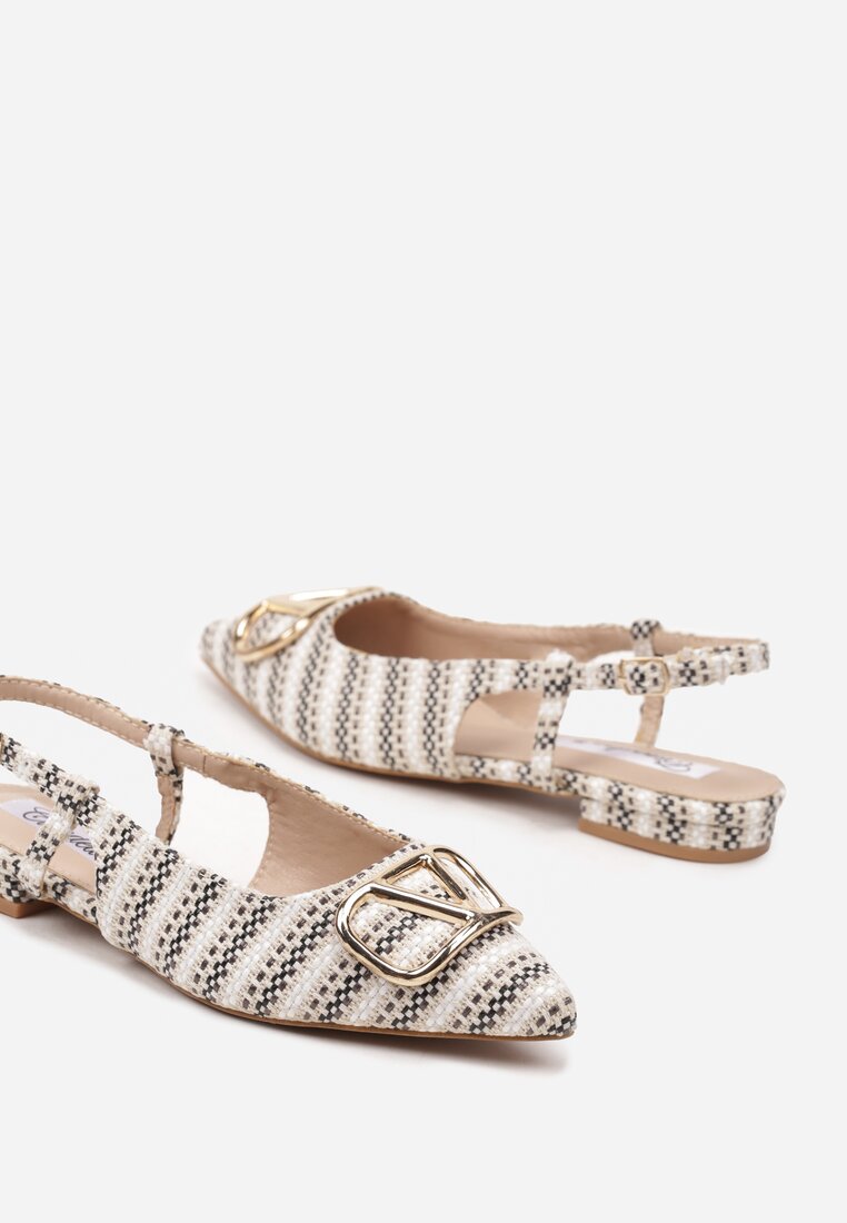 Beżowe Tweedowe Sandały Slingback z Ozdobną Klamrą Elaninea