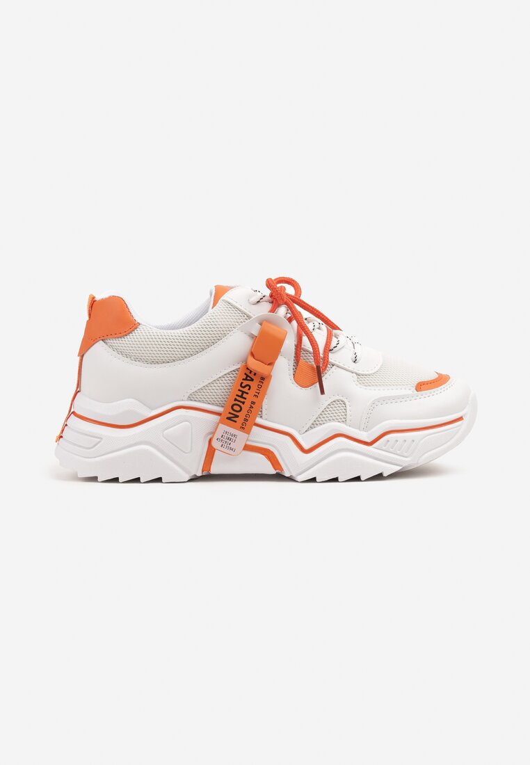 Biało-Pomarańczowe Sneakersy z Ozdobnym Paskiem i Siateczką Selaril