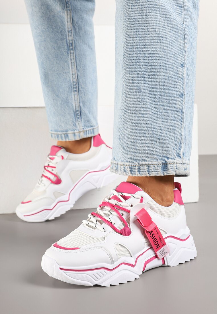 Biało-Różowe Sneakersy z Ozdobnym Paskiem i Siateczką Selaril
