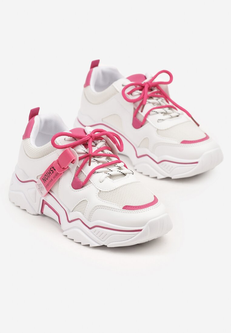 Biało-Różowe Sneakersy z Ozdobnym Paskiem i Siateczką Selaril