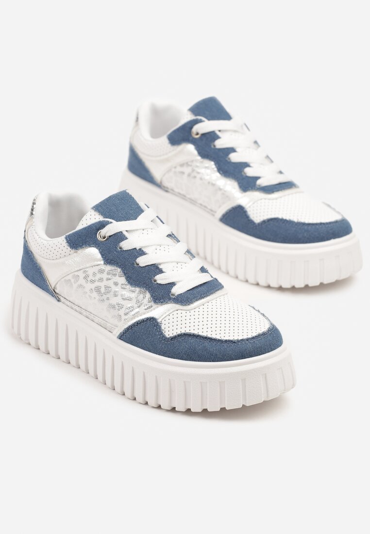 Niebiesko-Białe Sneakersy na Tłoczonej Podeszwie ze Zdobieniami w Panterkę Gerraza