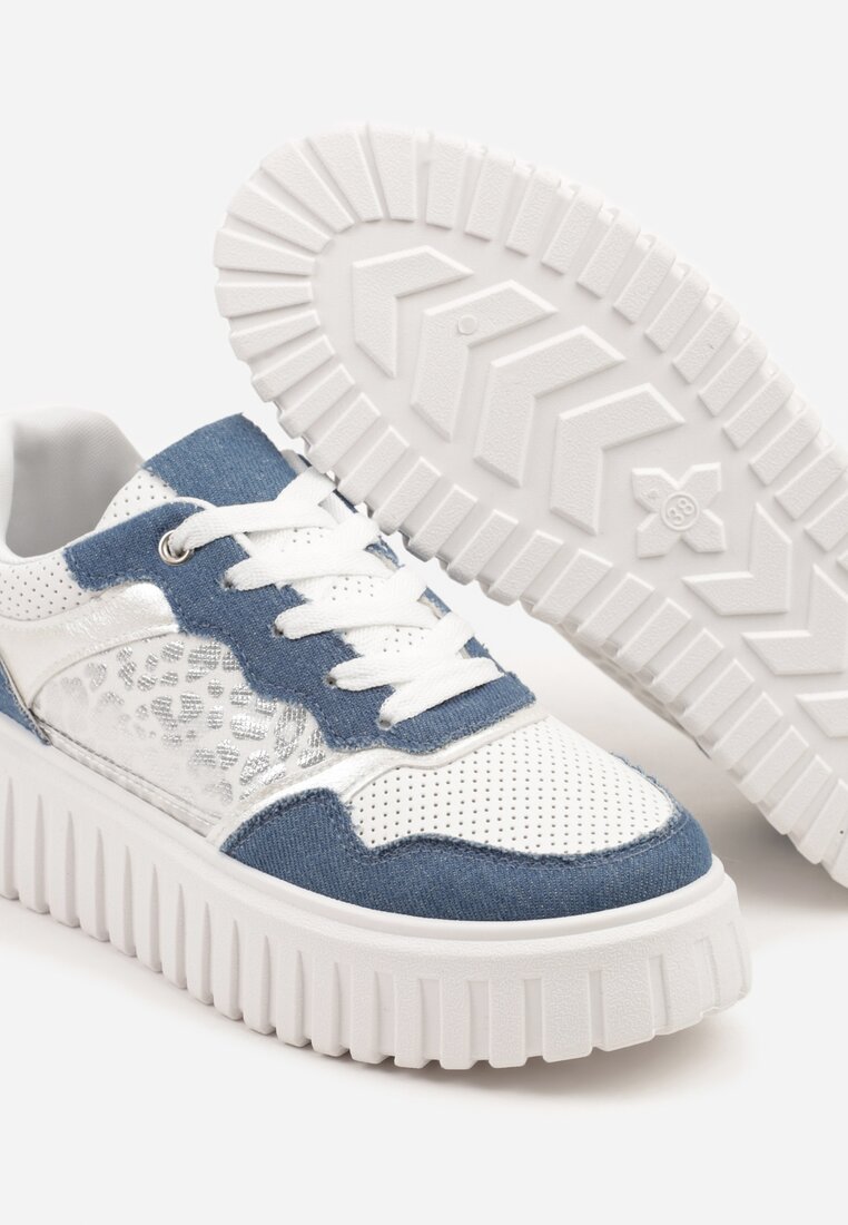 Niebiesko-Białe Sneakersy na Tłoczonej Podeszwie ze Zdobieniami w Panterkę Gerraza