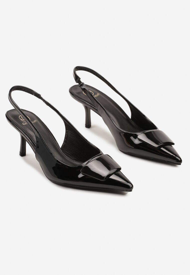Czarne Sandały Slingback z Lakierowanym Połyskiem na Obcasie Harilin
