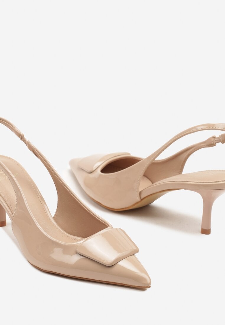 Beżowe Sandały Slingback z Lakierowanym Połyskiem na Obcasie Harilin