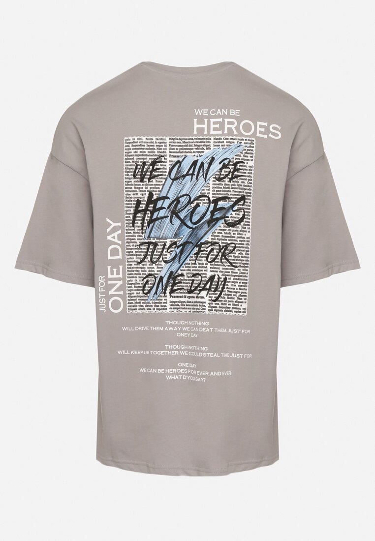 Szara  Koszulka T-shirt z Bawełny z Napisami i Nadrukiem na Plecach Danirsa