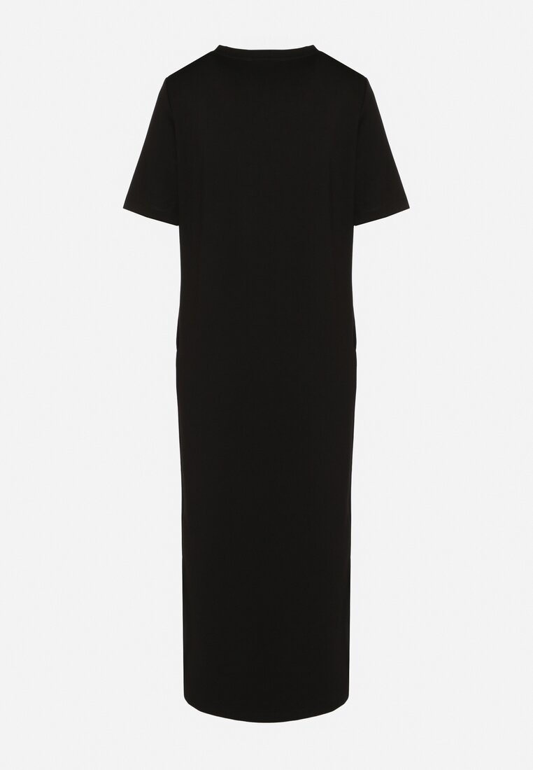 Czarna Sukienka T-shirt z Rozcięciami i Kieszeniami Salltes