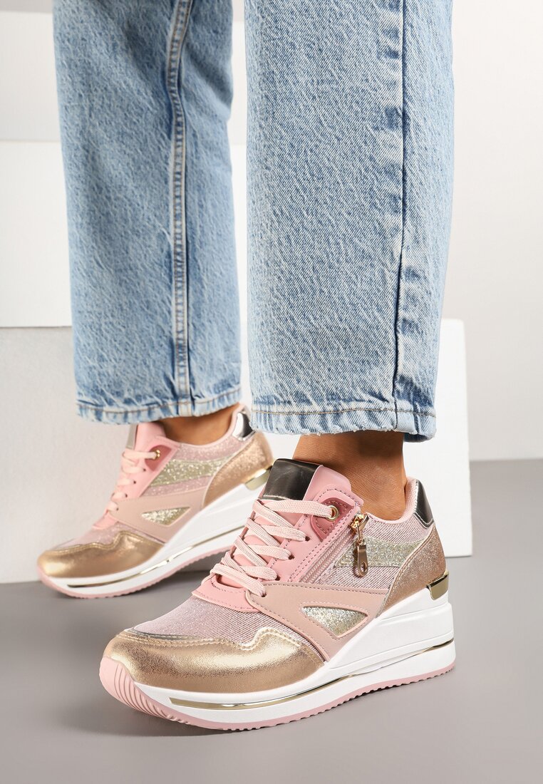 Różowe Sneakersy na Koturnie z Ozdobnym Suwakiem i Brokatem Vilsemi