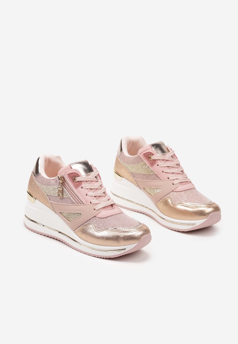 Różowe Sneakersy na Koturnie z Ozdobnym Suwakiem i Brokatem Vilsemi