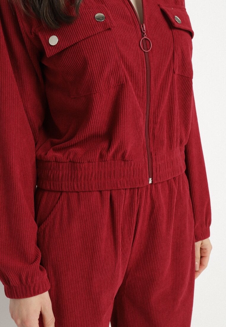 Bordowy Komplet Dresowy z Prążkowanego Materiału Bluza z Kołnierzykiem i Spodnie z Gumką w Pasie Kerulla