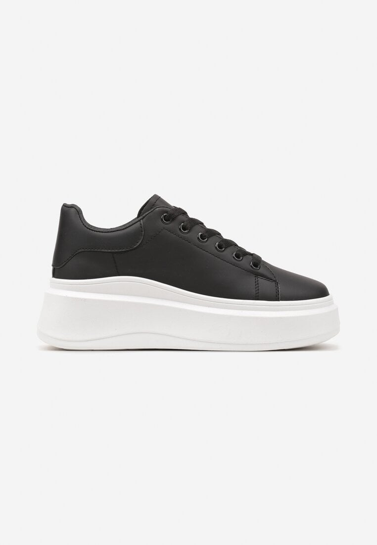 Czarne Gładkie Sneakersy z Ekoskóry na Grubej Podeszwie ze Sznurowaniem Avara