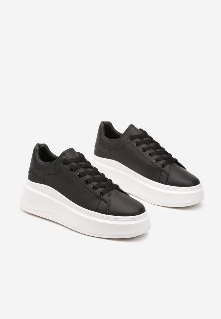 Czarne Gładkie Sneakersy z Ekoskóry na Grubej Podeszwie ze Sznurowaniem Avara