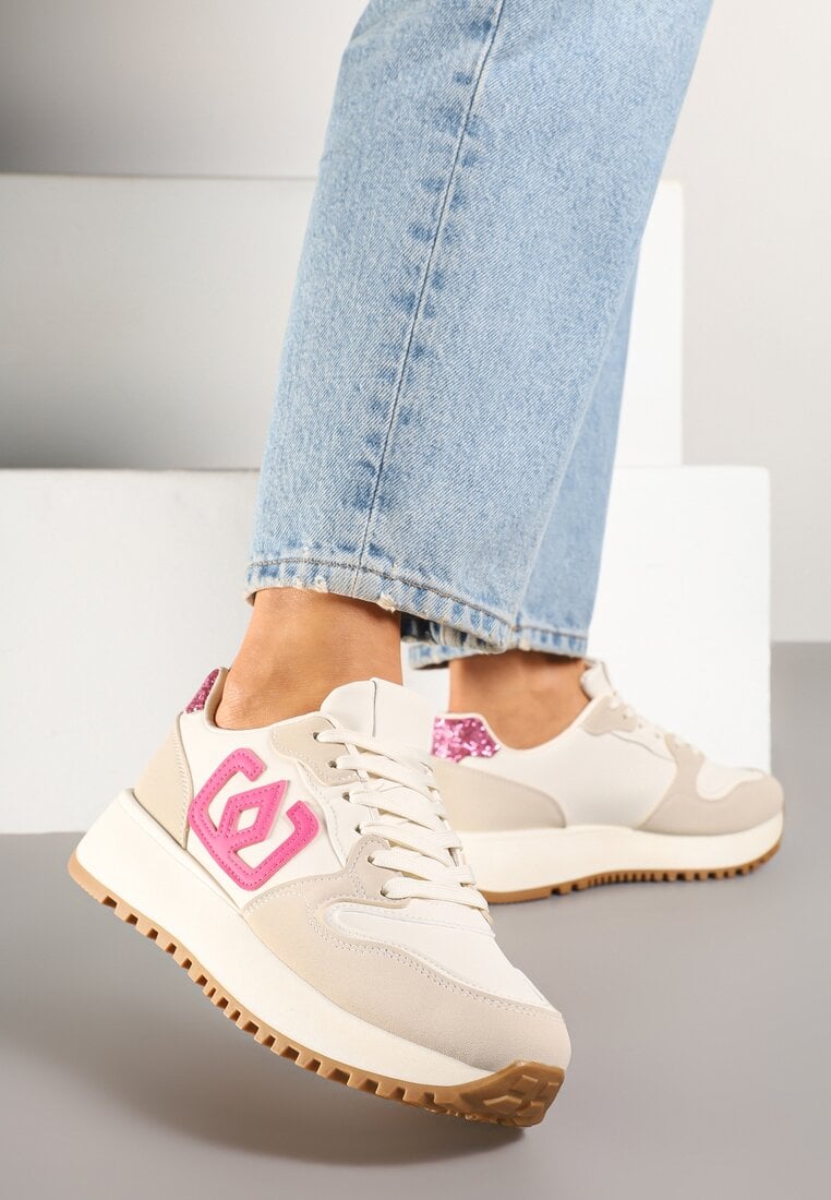 Beżowo-Różowe Sneakersy na Grubej Podeszwie z Ozdobną Aplikacją Alivrella