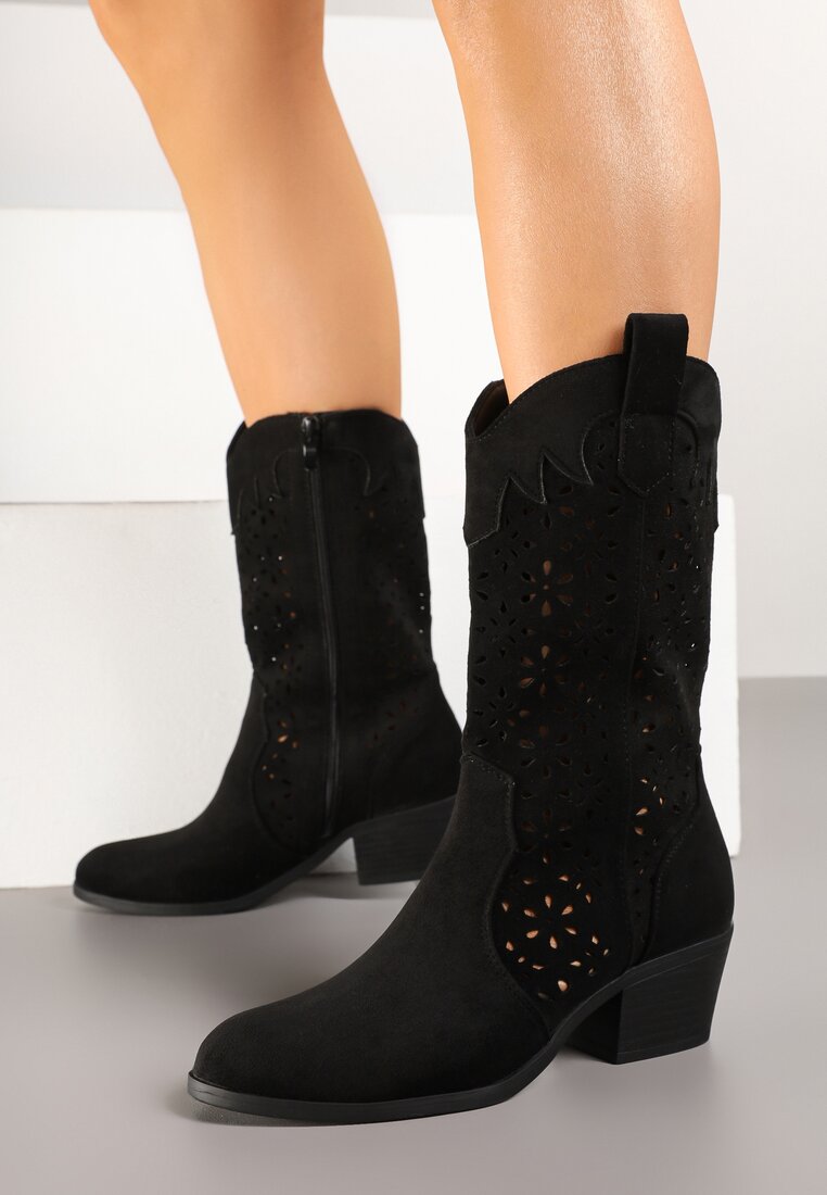 Czarne Ażurowe Botki na Obcasie w Stylu Kowbojek Lissemi