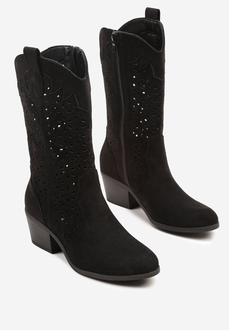 Czarne Ażurowe Botki na Obcasie w Stylu Kowbojek Lissemi