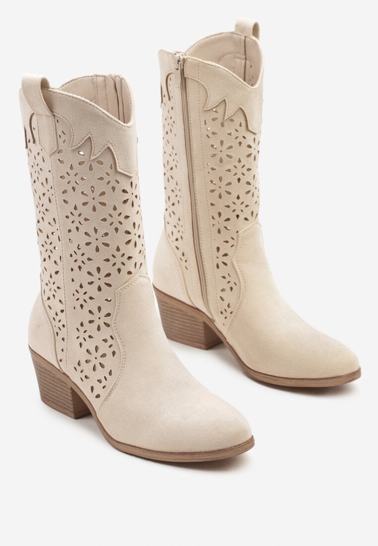 Beżowe Ażurowe Botki na Obcasie w Stylu Kowbojek Lissemi