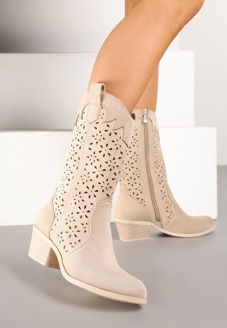 Ciemnobeżowe Ażurowe Botki na Obcasie w Stylu Kowbojek Lissemi
