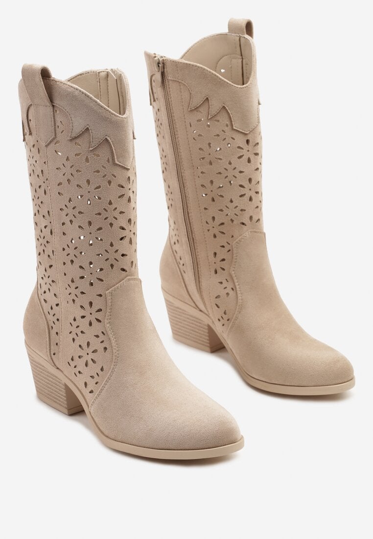 Ciemnobeżowe Ażurowe Botki na Obcasie w Stylu Kowbojek Lissemi