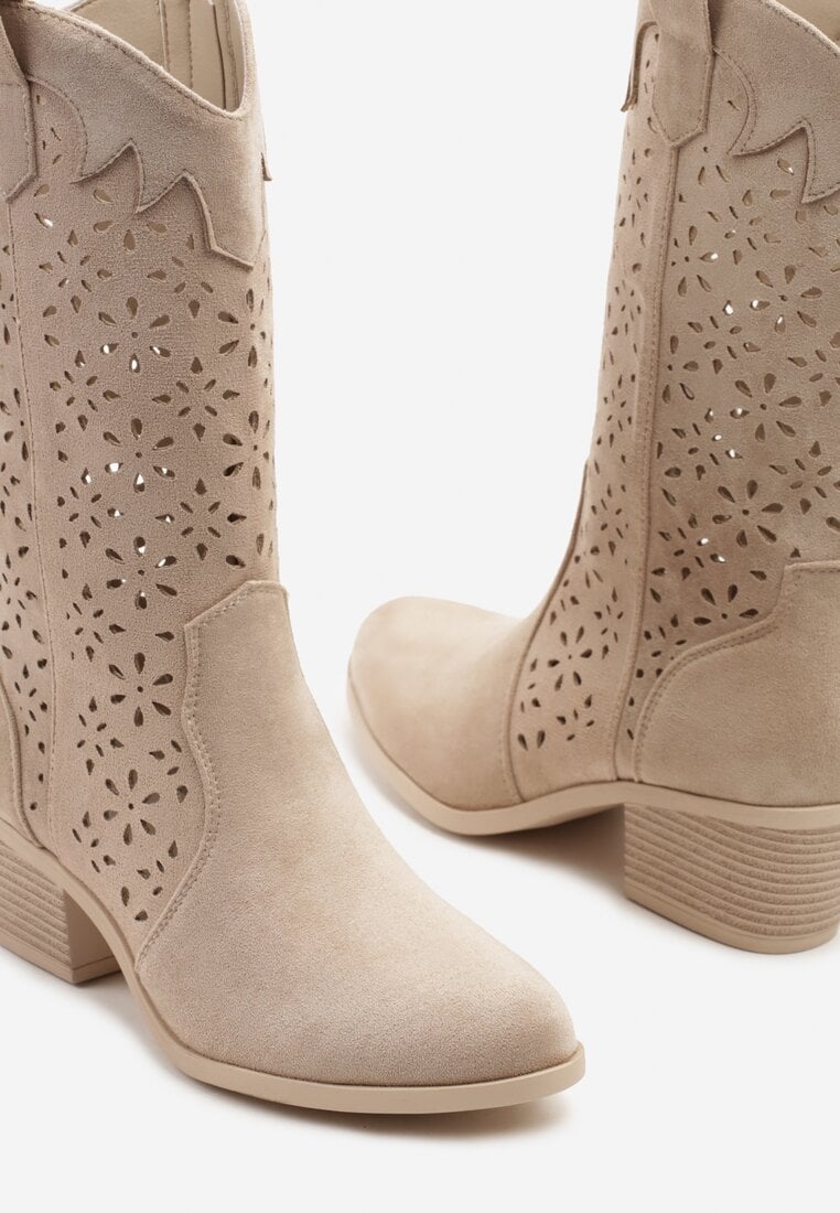 Ciemnobeżowe Ażurowe Botki na Obcasie w Stylu Kowbojek Lissemi