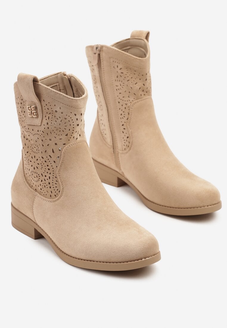 Ciemnobeżowe Botki w Stylu Kowbojek z Ażurowymi Wycięciami Efadriana