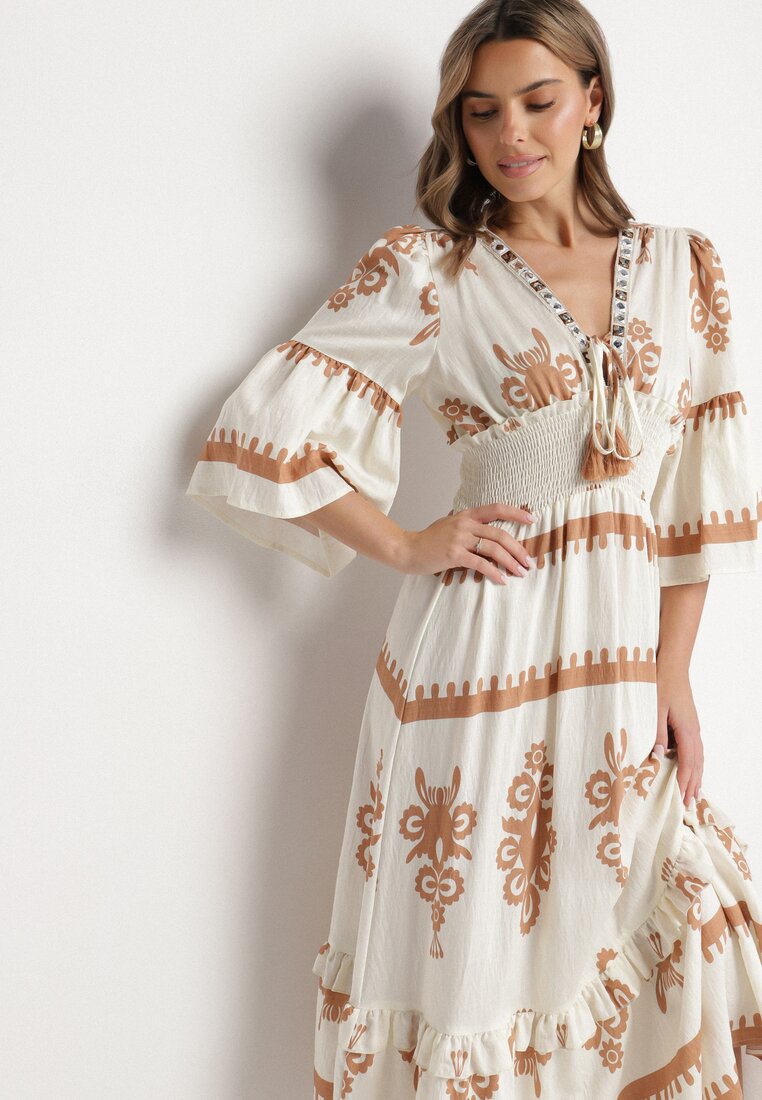 Beżowa Sukienka Boho z Wiskozą w Etniczny Wzór z Szeroką Gumką w Pasie Efanielis