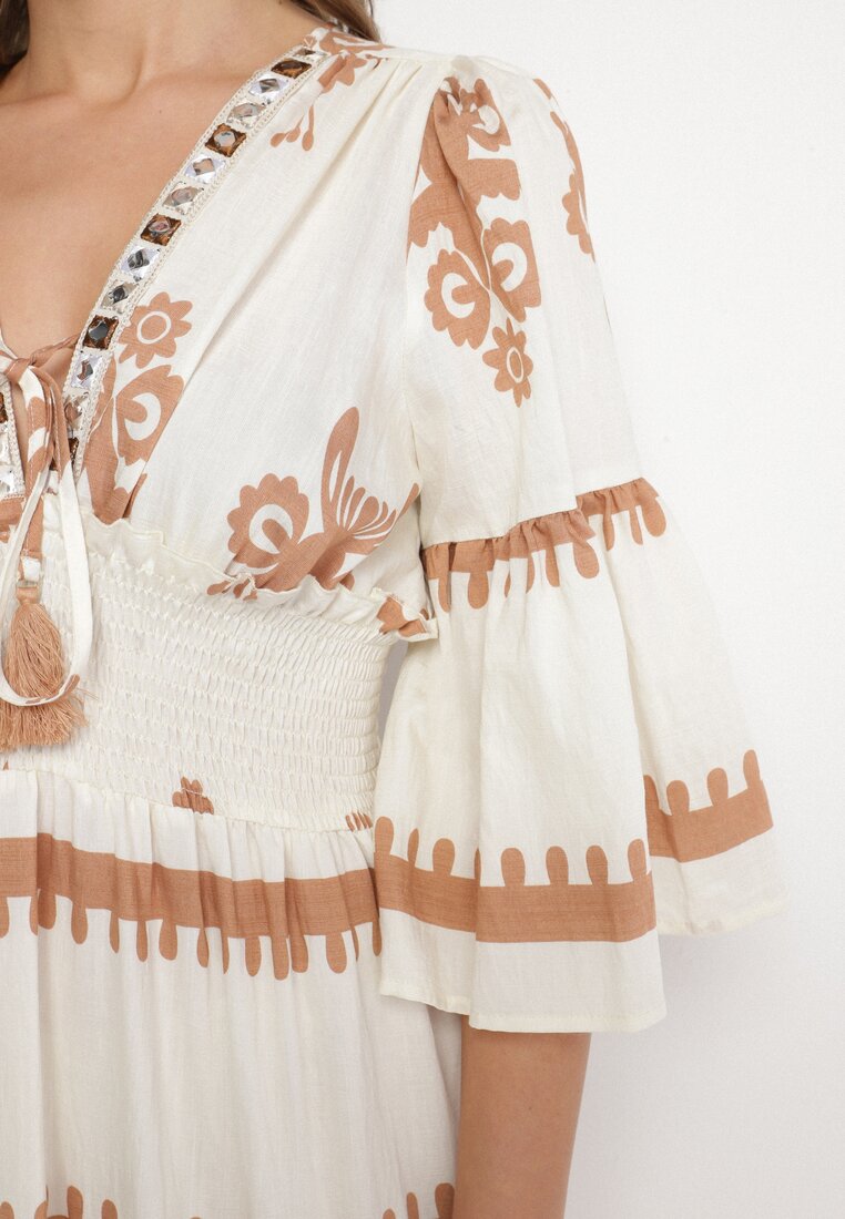 Beżowa Sukienka Boho z Wiskozą w Etniczny Wzór z Szeroką Gumką w Pasie Efanielis