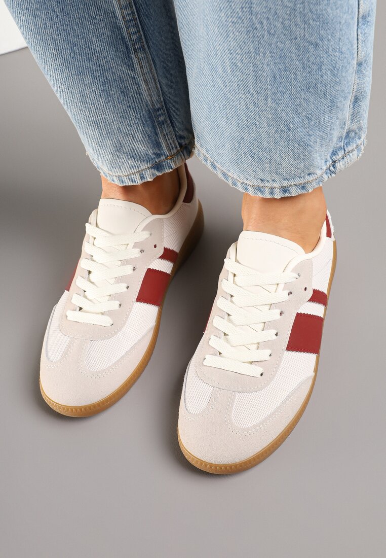 Beżowo-Bordowe Sneakersy Tenisówki z Ozdobnymi Paskami Nelidi
