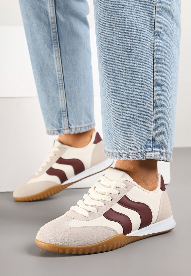 Beżowo-Bordowe Sneakersy w Stylu Klasycznych Tenisówek z Przeszyciami Velluria
