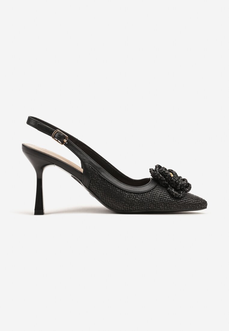 Czarne Plecione Sandały Slingback na Szpilce Zdobione Kwiatową Aplikacją Willifia