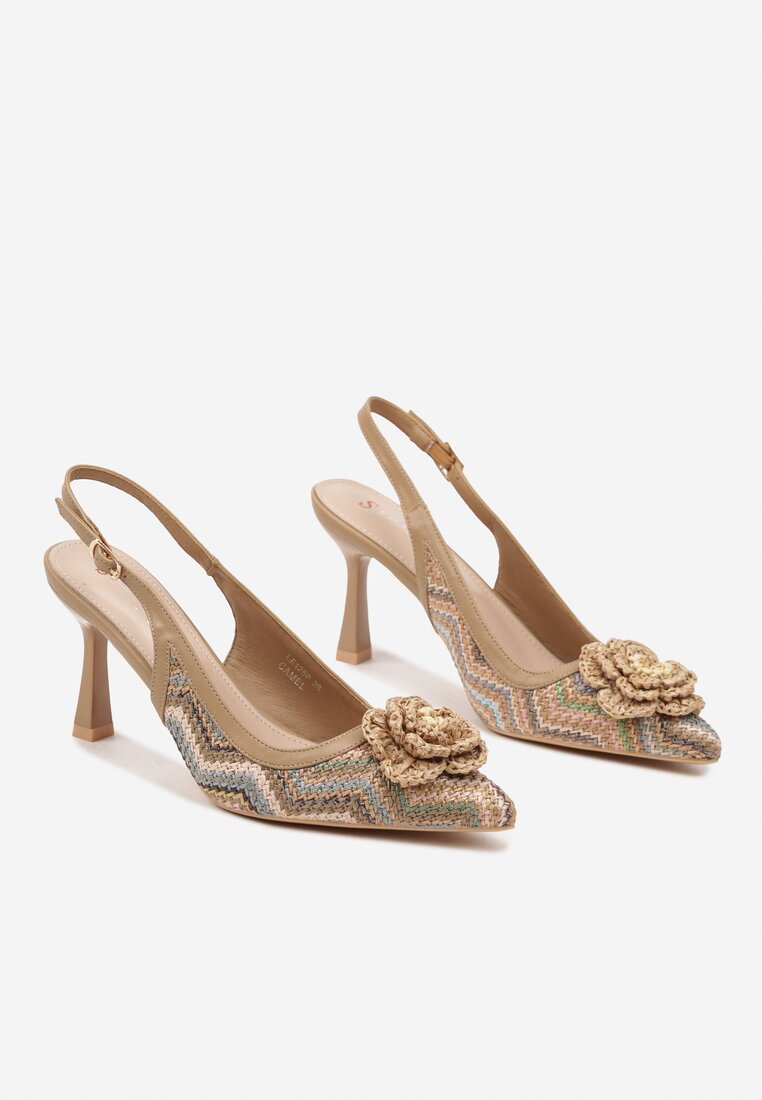 Brązowe Plecione Sandały Slingback na Szpilce Zdobione Kwiatową Aplikacją Willifia