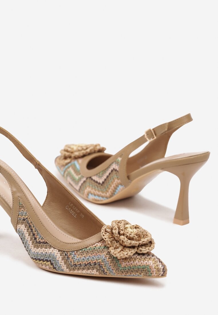 Brązowe Plecione Sandały Slingback na Szpilce Zdobione Kwiatową Aplikacją Willifia
