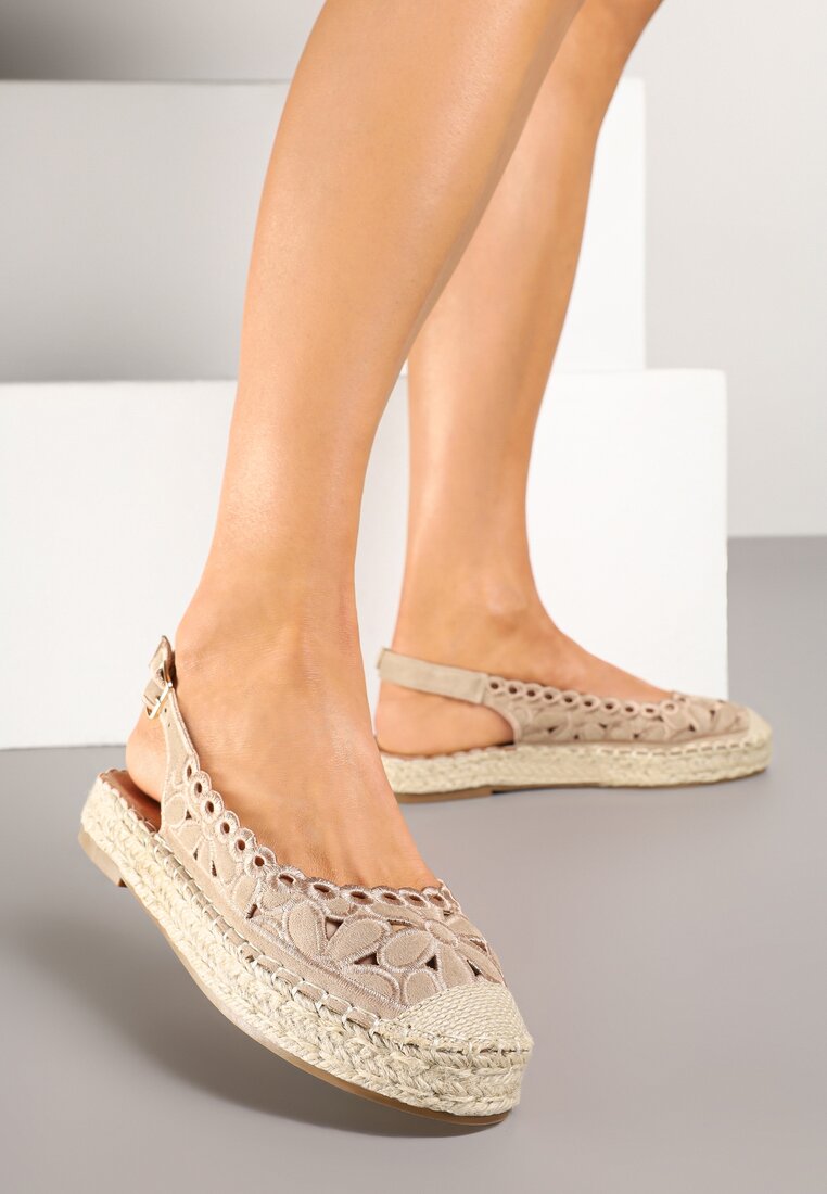 Ciemnobeżowe Sandały Espadryle Slingback z Plecionką i Ażurową Cholewką Loriene