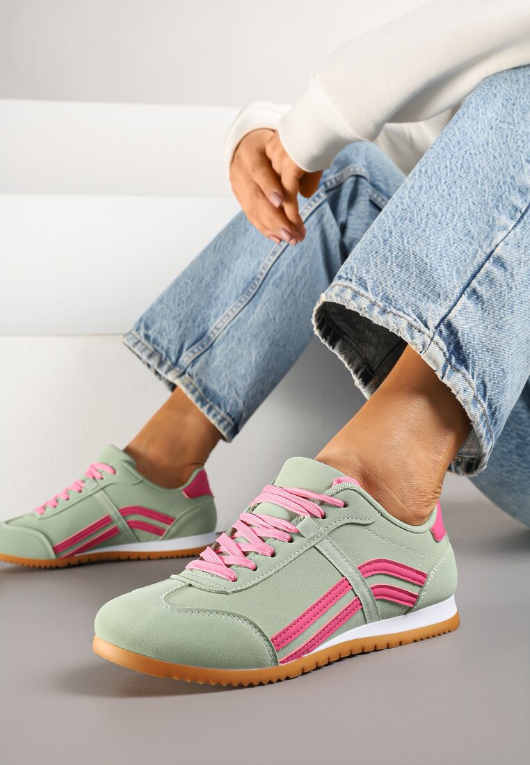 Jasnozielone Sneakersy z Przeszyciami i Ozdobnymi Paskami na Boku Beniffa