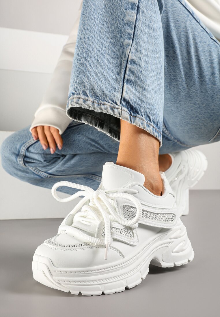 Białe Sneakersy z Podwójnym Sznurowaniem i Platformą Hilanne
