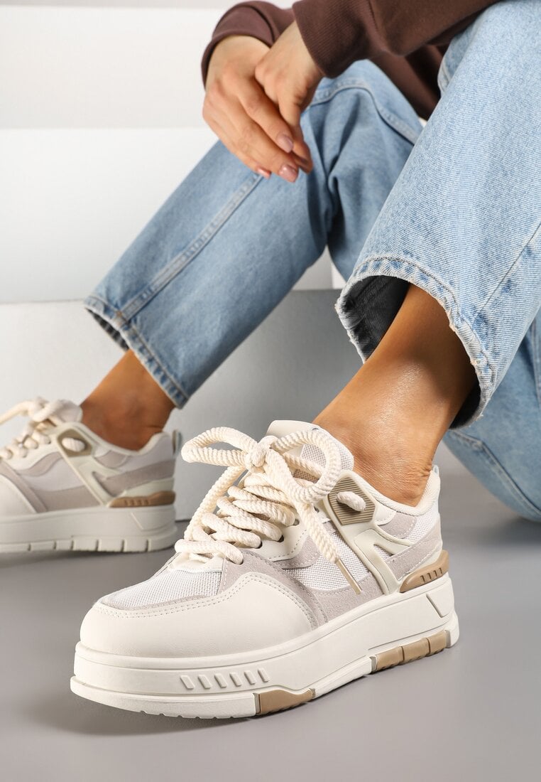 Beżowe Sneakersy w Streetwearowym Stylu na Grubej Podeszwie Teniffia