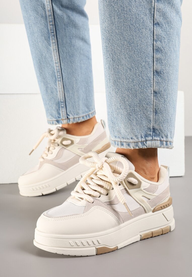 Beżowe Sneakersy w Streetwearowym Stylu na Grubej Podeszwie Teniffia